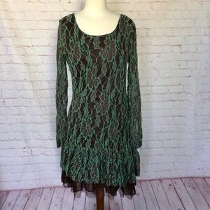 A’Reve Mint and Brown Floral Lace Tulle Long Sleeve Dress - Size Medium